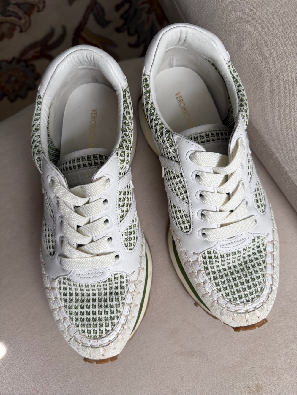 Veronica Beard White & Sage Woven Leather Lace-Up Sneakers